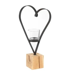 Deko Windlicht Herz Diana, geschwungenes Metallherz auf Naturholzwürfel, 55cm, WMG Grünberger