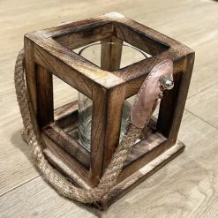 Deko Windlicht Holz, Holzwindlicht, Windlicht mit Jutekordel und Leder, 11x11cm