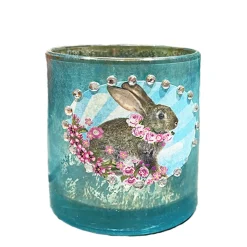Deko Windlicht Ostern, Hase mit Blumenkranz, blau, 7x8cm, Glas