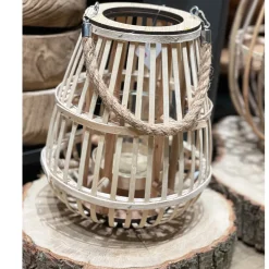 Deko Windlicht Rattan natur, Korbwindlicht Boho mit Henkel, 31cm