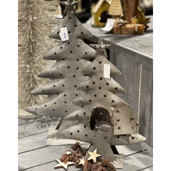 Deko Windlicht Tannenbaum mit Stern und Türchen, antik silber, 50cm, Metall