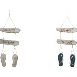 Deko Flip Flop grau aus Holz zum Hängen, Holzschild Beach Relax, 54cm