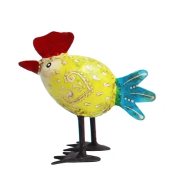 Deko Hahn eiform, kleiner Metallhahn gelb mit blauem Schweif, 8x9cm