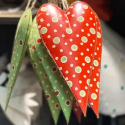 Deko Herz, Metallherz mit Punkte, rot und grün, 14cm, Hänger, Set/2