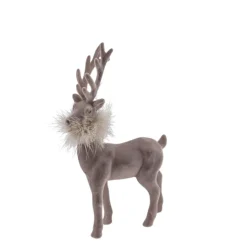 Deko Hirsch mit Federboa, grauer Hirsch, samtig beflockt, 28cm