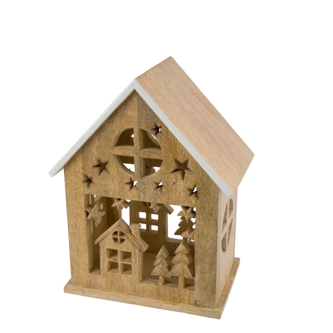 Deko Holzhaus Winter, massives Holzhaus mit Winter-Ausschnitt, Relief-Arbeit, weiß lackierte Dachkante, 35cm