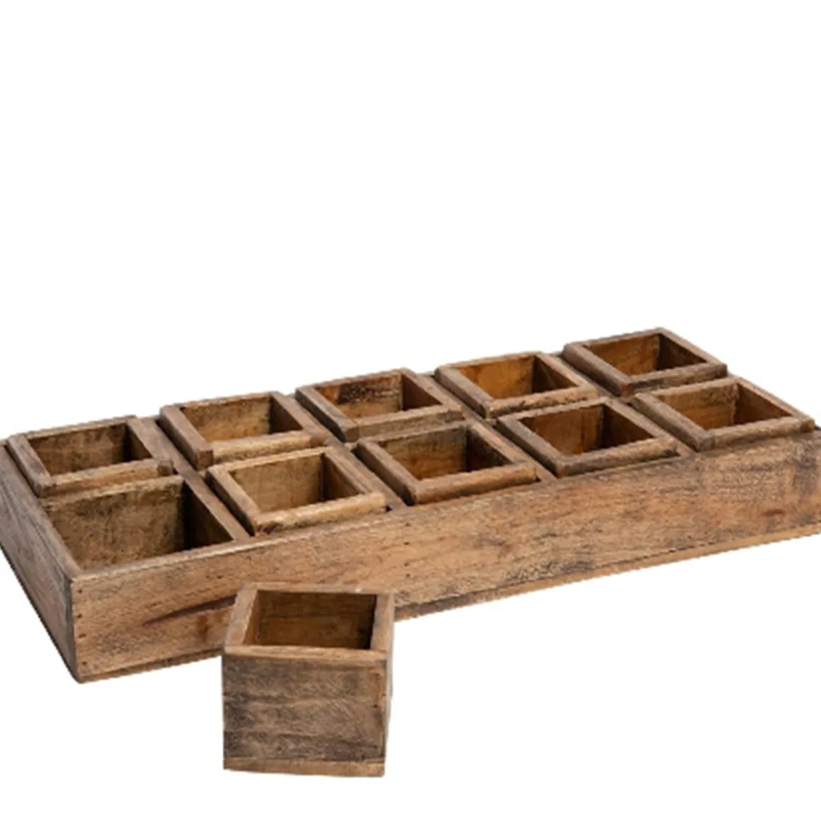 Deko Holzkiste Naturholz mit 10 kleinen Holzboxen, massive rustikale Holzkiste, 57cm
