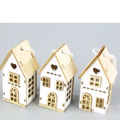 Deko Häuschen Landhaus, 3er Set Holzhäuser, weiß-natur, 12x8cm, zum Stellen oder Hängen