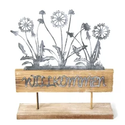 Dekoobjekt Blumenkasten Willkommen shabby chic, filigrane Zinkblumen auf  Holzständer, 32x28cm