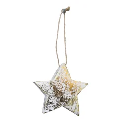 Deko Stern Antiklook, dicker weißer Holzstern mit goldene Akzenten, 5x5cm, Hänger
