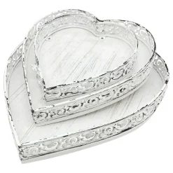 Deko Tablett Herz weiß, Metallschale mit Muster - used look, 16x16x4cm