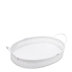 Deko Tablett weiß durchbrochen, Metalltablett mit Henkel - used look, 33x19x8cm