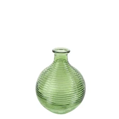 Deko Vase gerillt grün, Blumenvase grün, bauchige Glasvase mit Rillen, 15cm