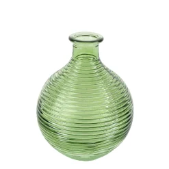 Deko Vase gerillt grün, Blumenvase grün, bauchige Glasvase mit Rillen, 15cm