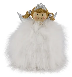 Deko Weihnachtsengel, putziges Engel-Mädchen mit Plüschkleid, Krone und Zöpfchen, 14cm