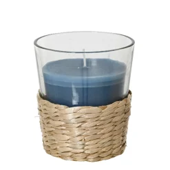 Duftkerze Citronella im Glas, Duftkerze blau im Bastkorb, outdoor, 7x7cm