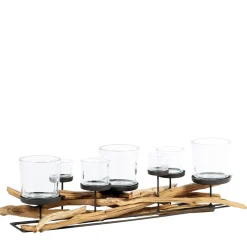 Eisen Windlicht Lincoln Schwemmholz, Naturholzleuchter mit 10 Gläser, 110cm, WMG Grünberger