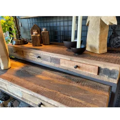 Eisen-Naturholz Konsole Victoria, rustikale Altholz Konsole mit 3 Schubladen auf Eisengestell, 90x11