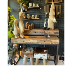 Eisen-Naturholz Konsole Victoria, rustikale Altholz Konsole mit 3 Schubladen auf Eisengestell, 90x11