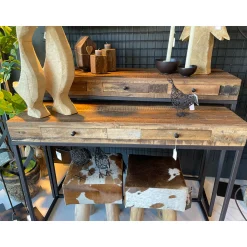 Eisen-Naturholz Konsole Victoria, rustikale Altholz Konsole mit 3 Schubladen auf Eisengestell, 90x11