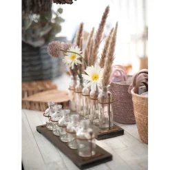 Glas Blumenvasen im Gestell, Eisengestell mit 5 Glasvasen, Rost used look, 39cmx19cm