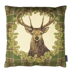 Gobelin Kissen Hirsch, Hirsch Tartan im Kranz, grün kariert, 45x45cm, Mars & More