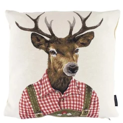 Gobelin Kissen Hirsch, Tiroler Hirsch mit rot kariertem Hemd, 45x45cm, Mars & More