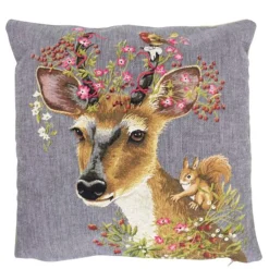 Gobelin Kissen Reh, kleiner Rehbock mit Blumen und Eichhörnchen, 45x45cm, Mars & More