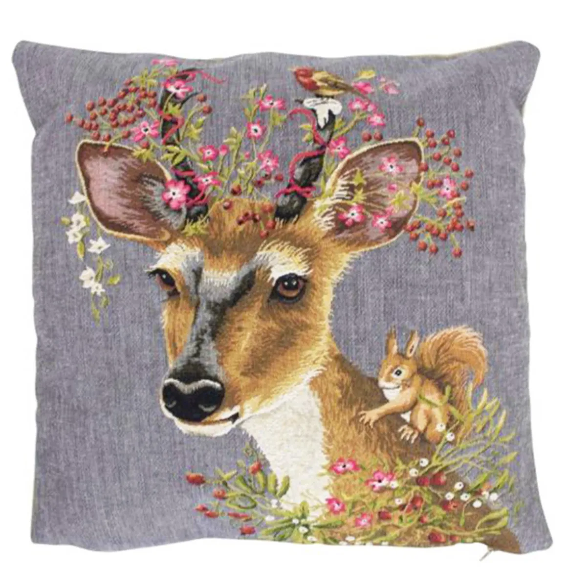 Gobelin Kissen Reh, kleiner Rehbock mit Blumen und Eichhörnchen, 45x45cm, Mars & More
