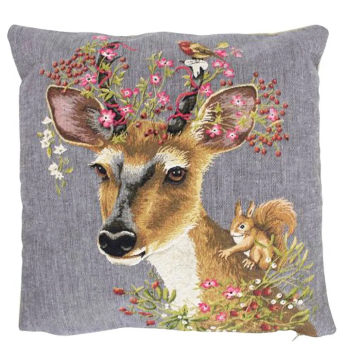 Gobelin Kissen Reh, kleiner Rehbock mit Blumen und Eichhörnchen, 45x45cm, Mars & More