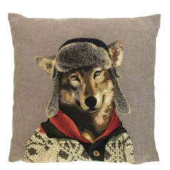 Gobelin Kissen Wolf, Nordic Wolf mit Fliegermütze und Pullover, 45x45cm, Mars & More