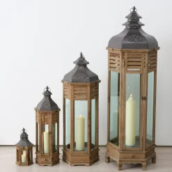 Holz Laterne Hector, lange schmale Holzlaterne mit Schublade und Metalldach, 115x40cm, Boltze Home C