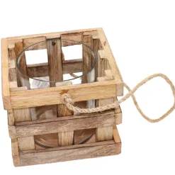 Holz Windlicht Wood, Windlicht in Würfelform mit Gitteroptik und Juteseil, 12x12cm