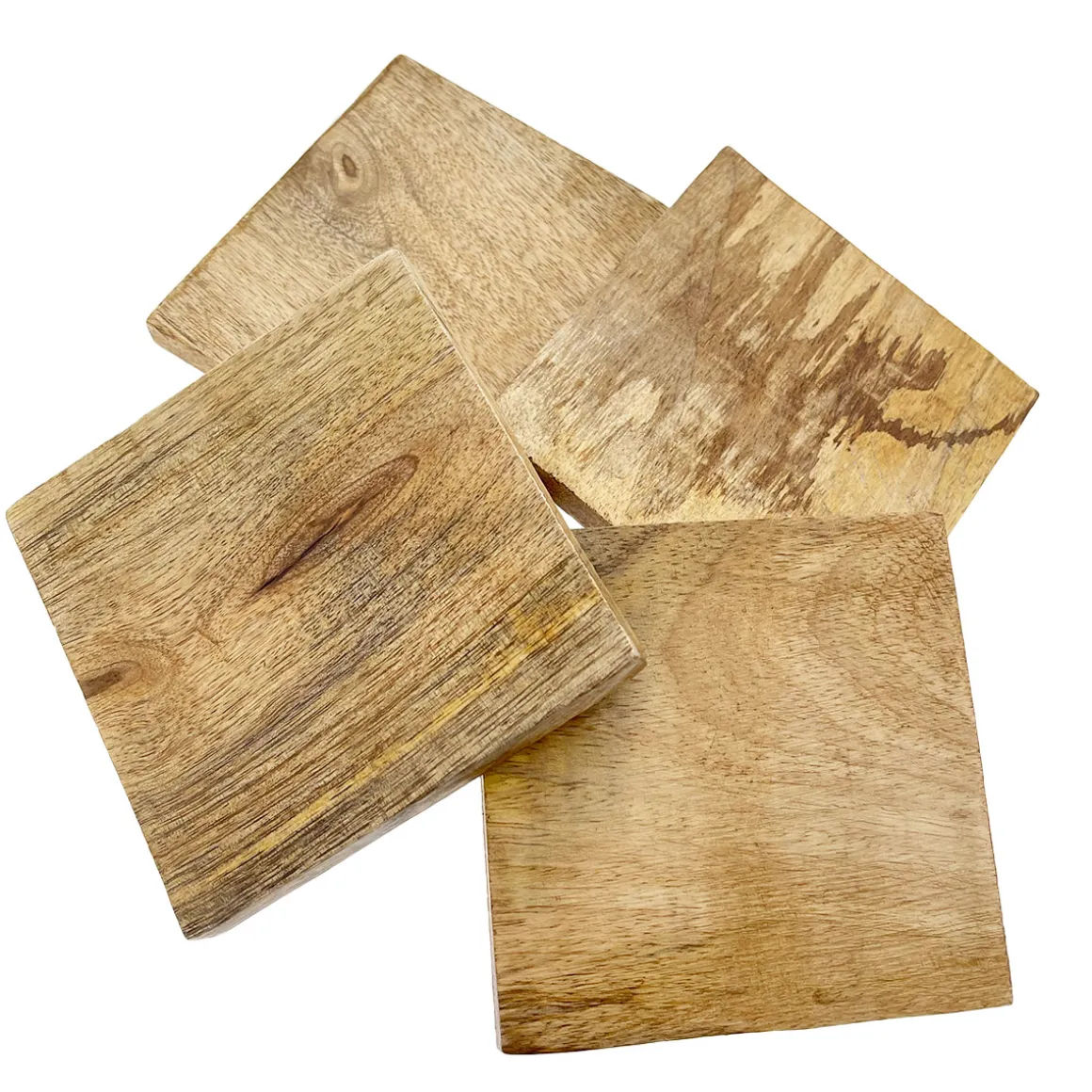 Holzuntersetzer, quadratische Untersetzer aus Mangoholz mit Gummipuffer, 10x10cm, Set/4