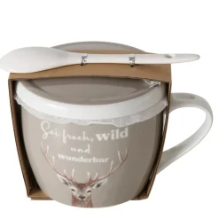 Jumbobecher Hirsch, Porzellanbecher mit Henkel, Deckel und Löffel, Sei frech...Boltze Home Collections