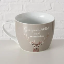 Jumbobecher Hirsch, Porzellanbecher mit Henkel, Deckel und Löffel, Sei frech...Boltze Home Collections