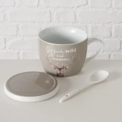 Jumbobecher Hirsch, Porzellanbecher mit Henkel, Deckel und Löffel, Sei frech...Boltze Home Collections
