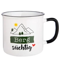 Keramik Becher Berg, Henkelbecher mit Spruch: Bergsüchtig, Emailledesign, 390ml, Gilde