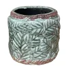 Keramik Pflanztopf Blätter Relief, Übertopf grün-terra, 11x10cm