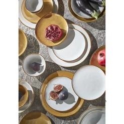 Keramik Schüssel, Tabo, handgefertigt, weiß, Rand braun, 6x14cm, Mica Decorations