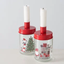 Kerzenglas Weihnachtsmann, Kerzenhalter rot, mit Tannenbaum, Boltze Home Collections