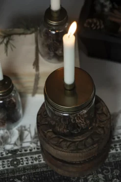 Kerzenhalter Glas für Stabkerzen, Kerzenglas mit Metalldeckel gold, 15x11cm, Ib Laursen