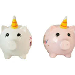 Kleine Spardose Party Schweinchen Happy Birthday, Sparschwein weiß mit Partyhut, Keramikspardose