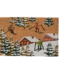 Kokos Fussmatte Winter, Skifahrer und Berghütten, Winterwald, 60x40cm