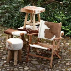 Kuhfell Hocker rund, Fellhocker auf Holzbeine, 45cm, braun-weiß, Mars & More