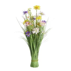 Kunstpflanze Grasbusch mit Sommerblumen gelb-rosa, Stehgras mit Blüten, 70cm