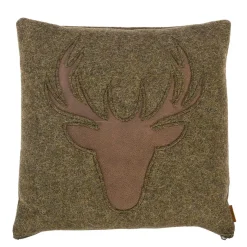 Landhaus Loden Kissen "Johann" moosgrünes Filzkissen mit Lederapplikation Hirsch, 42x42cm