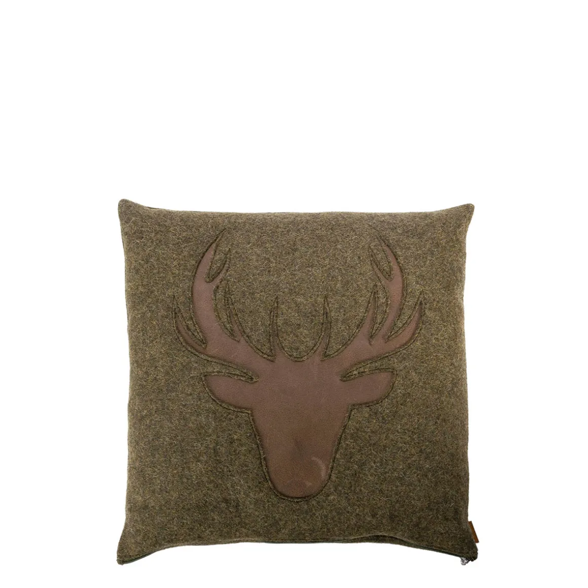 Landhaus Loden Kissen "Johann" kleines moosgrünes Filzkissen mit Lederapplikation Hirsch, 35x35cm