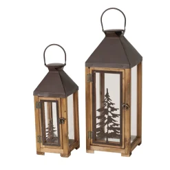 Laterne Finnley, Holzlaterne mit Metalldach und Tannenbaum, 55cm, Boltze Home Collections