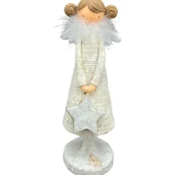 LED Engel mit Stern, schlanker Weihnachtsengel mit Federboa und Stern, 29cm